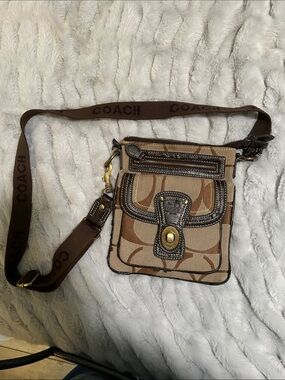 Coach Signature Canvas Crossbody in Tan and Brown with Branded Strap